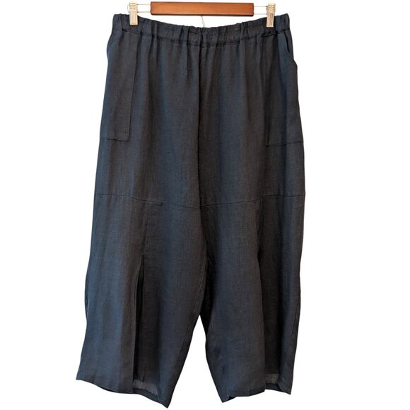 Pure Venice Women Sz M Blue 100% Linen Elastic Waist Pockets Wide Leg Crop Pants - Picture 1 of 7